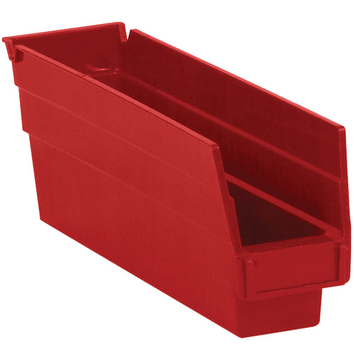 Heavy-duty red plastic shelf bin boxes engineered for maximum inventory organization. Features built-in label holder and rear hanglock for complete access. Nestable, FDA-compliant design ships 36 bins per case for cost-effective parts storage and workplace organization.
