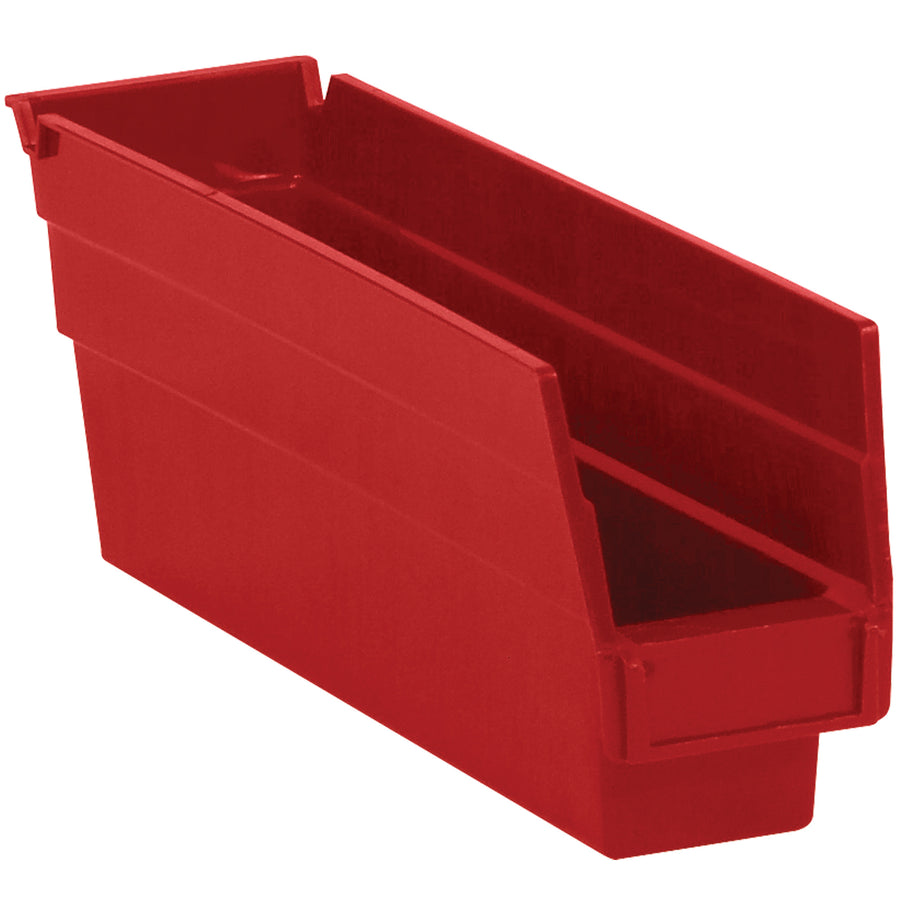 Heavy-duty red plastic shelf bin boxes engineered for maximum inventory organization. Features built-in label holder and rear hanglock for complete access. Nestable, FDA-compliant design ships 36 bins per case for cost-effective parts storage and workplace organization.