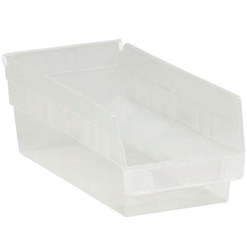 Transparent plastic shelf bins designed for industrial parts organization and inventory management. Crystal-clear construction allows instant content identification without opening. Includes label holder, rear hanglock for tilting access, and 30 nestable bins per case for maximum storage efficiency.