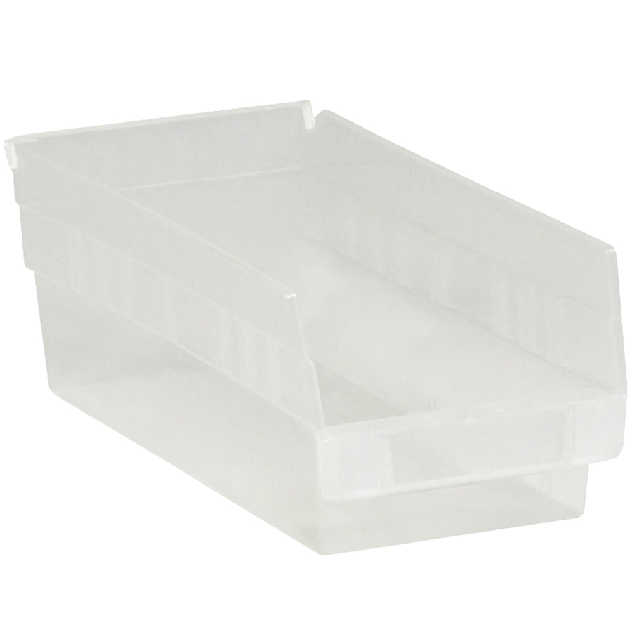 Transparent plastic shelf bins designed for industrial parts organization and inventory management. Crystal-clear construction allows instant content identification without opening. Includes label holder, rear hanglock for tilting access, and 30 nestable bins per case for maximum storage efficiency.