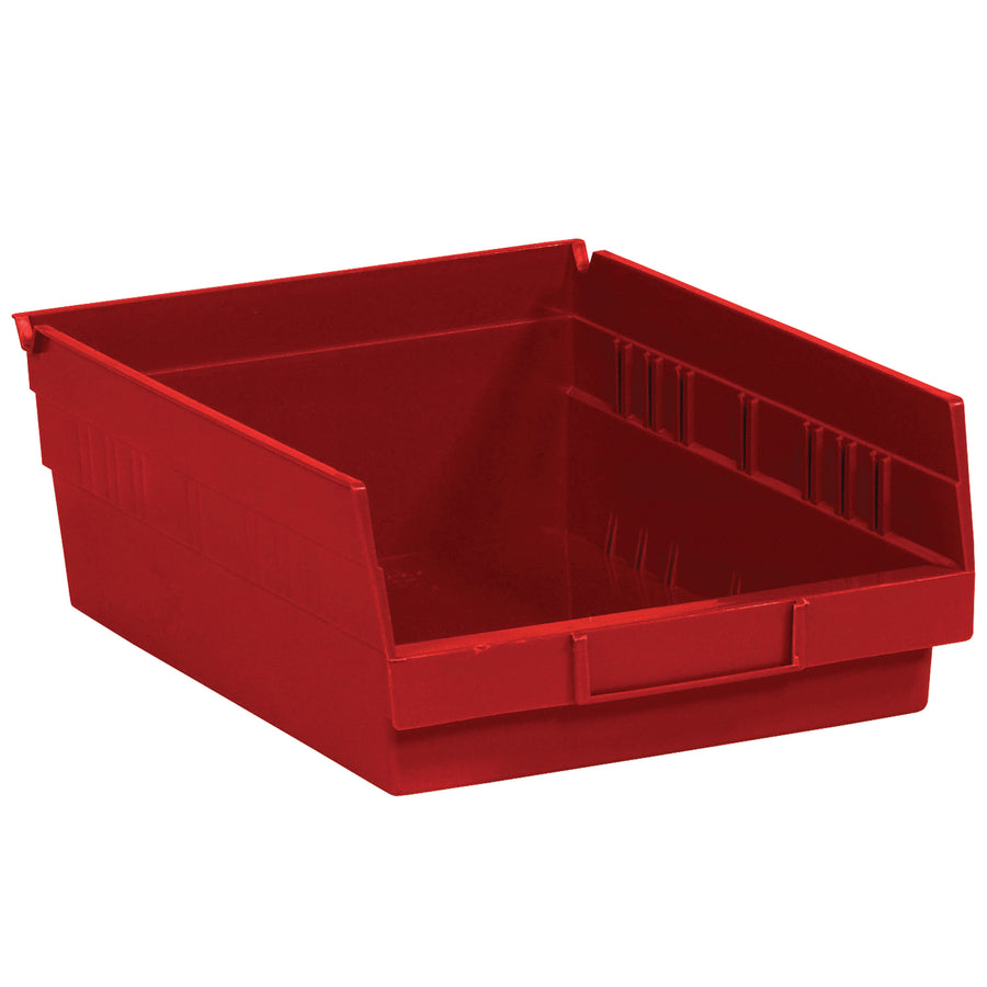 Heavy-duty red plastic shelf bin boxes designed for maximum warehouse organization and inventory control. Each 11 5/8" x 8 3/8" x 4" bin features a built-in label holder and rear hanglock for easy access on shelving units. Sold as a case of 20 nestable, stackable bins.