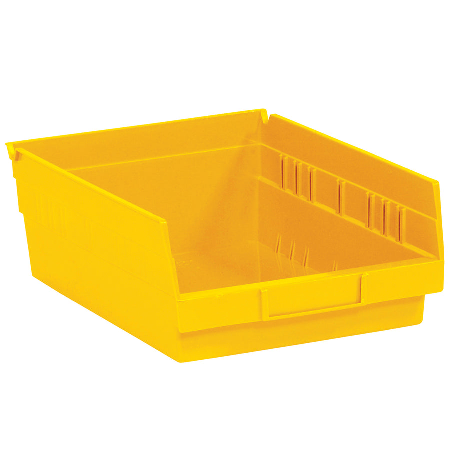 Heavy-duty yellow plastic shelf bins engineered for warehouse and manufacturing operations. These stackable, nestable bins feature built-in rear hanglocks, slotted label holders, and chemical-resistant polypropylene construction. Maximize efficiency with case quantities of 8 units at wholesale pricing.