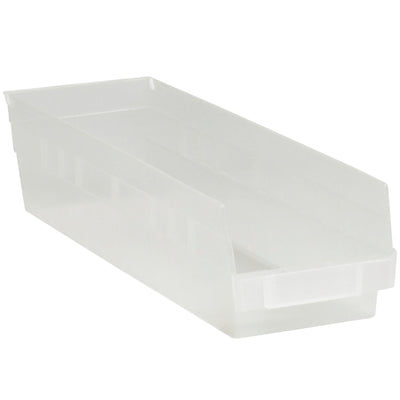 Industrial-grade clear plastic shelf bin boxes designed for maximum visibility and organization. These 17 7/8" x 4 1/8" x 4" stackable bins feature a rear hanglock tilt mechanism, slotted label holder, and are manufactured from durable polypropylene‚ideal for parts, inventory, and medical storage. Sold as a case of 20.