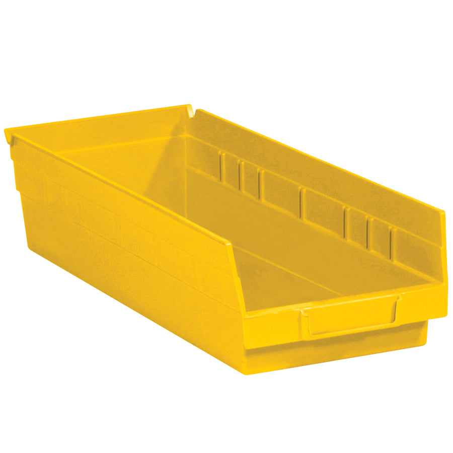 Heavy-duty yellow plastic shelf bin boxes engineered for industrial parts organization and inventory storage. These stackable, nestable bins feature a built-in rear hanglock and label holder for quick identification. FDA-compliant polypropylene construction resists grease, oil, and chemicals‚sold by the case of 20 bins.