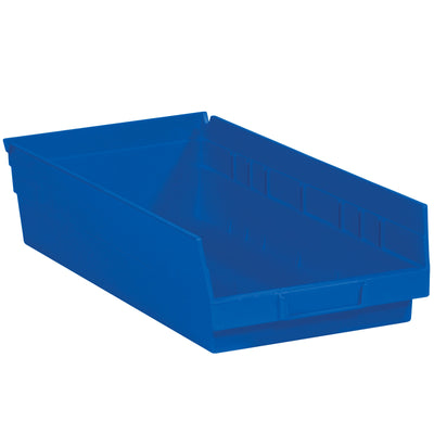 Heavy-duty blue plastic shelf bin boxes designed for industrial parts organization and inventory management. FDA-compliant polypropylene construction with integrated label holder and rear hanglock for easy access. Case of 10 bins delivers waterproof, chemical-resistant storage that stacks, nests, and hangs on shelving systems.