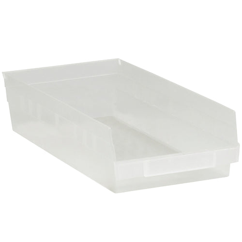 Organize parts and inventory instantly with these clear plastic shelf bin boxes featuring transparent design for content visibility. Built-in label holder and rear hanglock enable quick identification and complete access. Durable polypropylene construction resists grease, oil, and chemicals–sold as a case of 10 nestable bins.