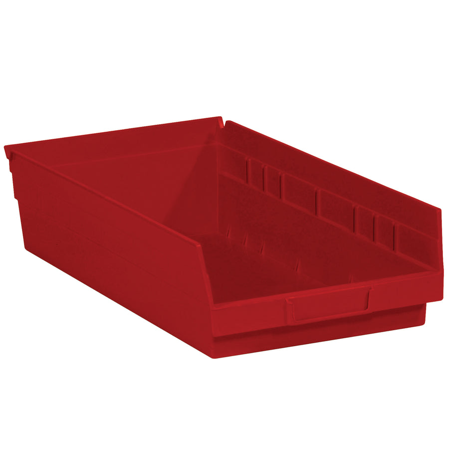 Heavy-duty red plastic shelf bin boxes designed for industrial parts organization and inventory storage. Features built-in label holder, rear hanglock for easy access, and nestable design. Sold as a case of 8 bins with 16 1/2x10x4" interior dimensions.