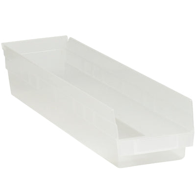 Clear plastic shelf bin boxes designed for maximum visibility and instant content identification. Each case includes 16 nestable, durable polypropylene bins with integrated label holders and rear hanglocks for secure shelving. Inside dimensions: 22 1/8" x 3" x 4"‚perfect for parts organization, medical storage, and industrial applications.