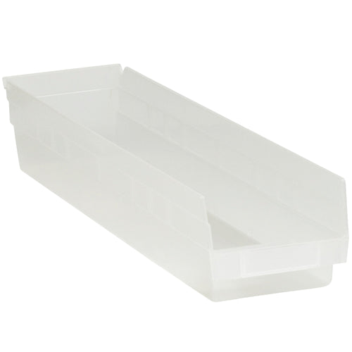 Clear plastic shelf bin boxes designed for maximum visibility and instant content identification. Each case includes 16 nestable, durable polypropylene bins with integrated label holders and rear hanglocks for secure shelving. Inside dimensions: 22 1/8