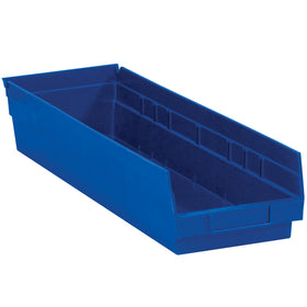 Heavy-duty blue plastic shelf bin boxes designed for industrial parts organization and inventory storage. These stackable, nestable bins feature a rear hanglock mechanism for easy tilting access and include a slotted label holder for quick identification. Sold by the case of 8 units with 22 1/8" x 5 1/2" x 4" interior dimensions.