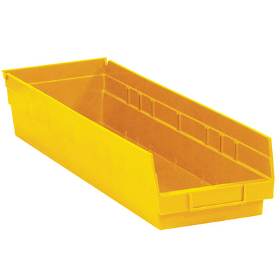 Professional-grade yellow plastic shelf bin boxes designed for industrial parts organization and inventory management. These 23 5/8" x 6 5/8" x 4" stackable bins feature rear hanglocks, label holders, and FDA-compliant polypropylene construction. Sold by the case of 8‚maximize your shelving efficiency with bins that resist grease, oil, and chemicals.