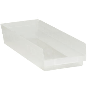 Clear plastic shelf bin boxes (23 5/8" x 8 3/8" x 4") designed for instant content visibility and organized parts storage. Nestable polypropylene construction with built-in label holder and rear hanglock for easy access. Ships as case of 6‚maximize warehouse efficiency with reusable, waterproof bins unaffected by grease, oil, and chemicals.