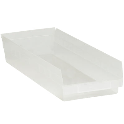 Clear plastic shelf bin boxes (23 5/8" x 8 3/8" x 4") designed for instant content visibility and organized parts storage. Nestable polypropylene construction with built-in label holder and rear hanglock for easy access. Ships as case of 6‚maximize warehouse efficiency with reusable, waterproof bins unaffected by grease, oil, and chemicals.