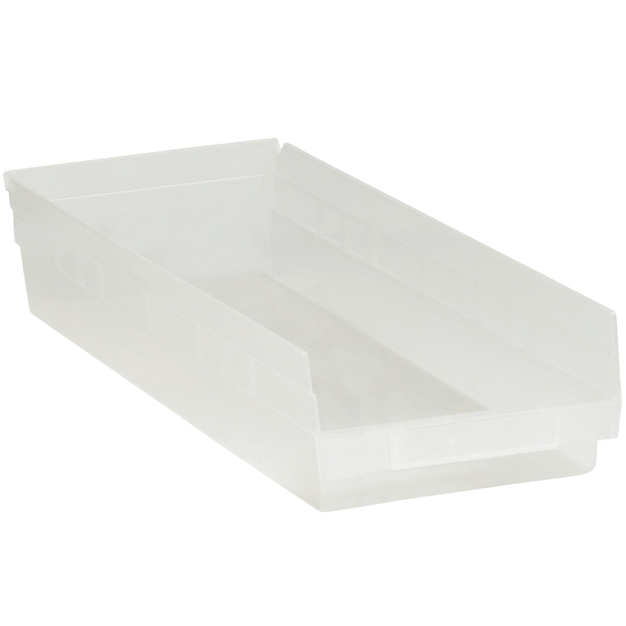 Clear plastic shelf bin boxes (23 5/8" x 8 3/8" x 4") designed for instant content visibility and organized parts storage. Nestable polypropylene construction with built-in label holder and rear hanglock for easy access. Ships as case of 6–maximize warehouse efficiency with reusable, waterproof bins unaffected by grease, oil, and chemicals.