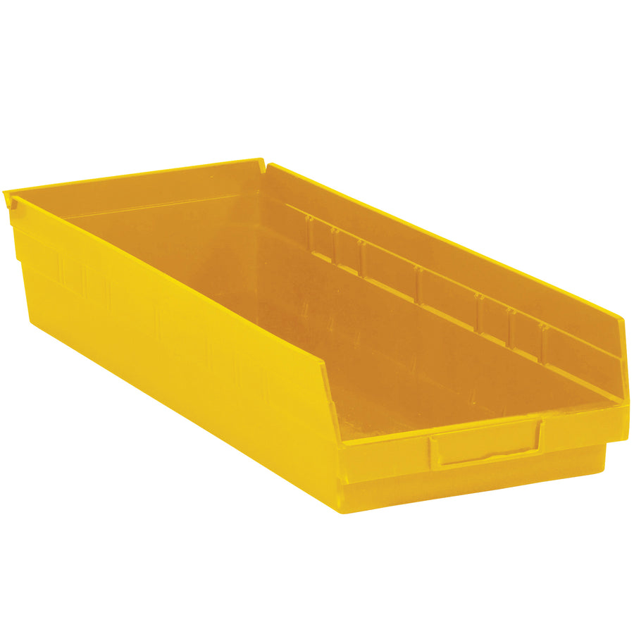 Heavy-duty yellow plastic shelf bins designed for industrial parts organization and inventory management. Features rear hanglock for tilt-out access, integrated label holder, and built-in stacking stability. Sold by the case (6 bins) with inside dimensions of 22 1/8" x 7 1/8" x 4".