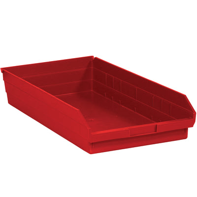Heavy-duty red plastic shelf bin boxes sized 23 5/8" x 11 1/8" x 4" (case of 6). Built-in label holder and rear hanglock for complete access. FDA-compliant polypropylene construction withstands grease, oil, chemicals‚perfect for parts organization and inventory management.