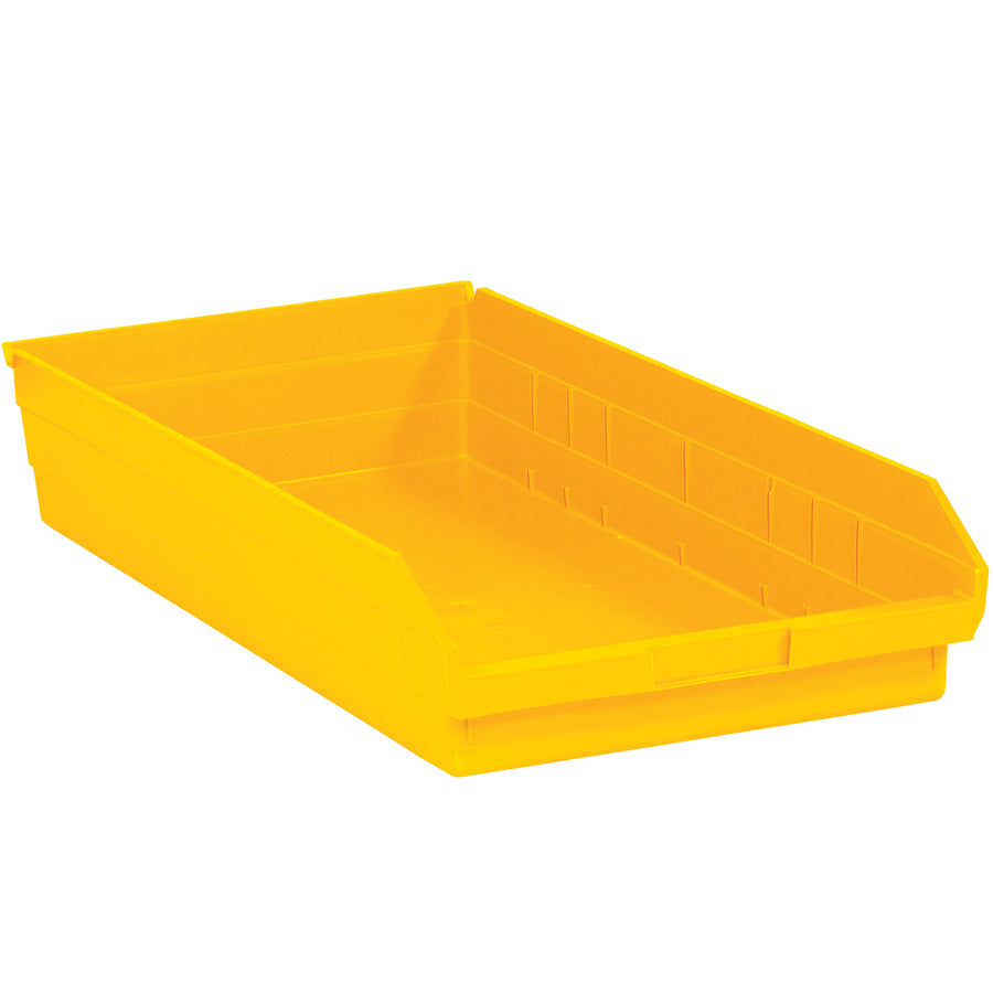 Heavy-duty yellow plastic shelf bins engineered for industrial parts organization and inventory storage. Features built-in label holders, rear hanglock for tilt-out access, and nestable design. Sold as a case of 6 bins–maximize your shelving efficiency with durable, waterproof storage that resists grease, oil, and most chemicals.