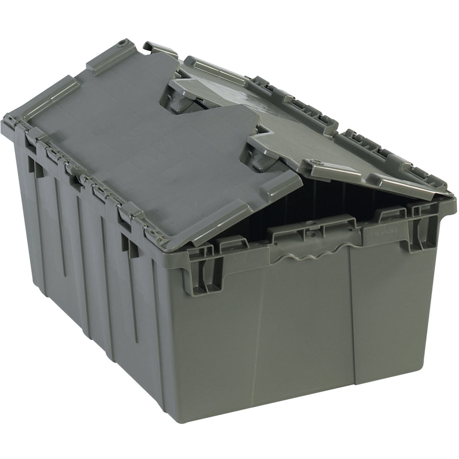 Heavy-duty 20 1/4" x 14 1/4" x 9 5/8" gray plastic round trip tote engineered for order picking, distribution, and logistics operations. Features interlocking tops secured with steel hinges and a textured, non-slip bottom for safe, efficient handling. Sold as 1 each.