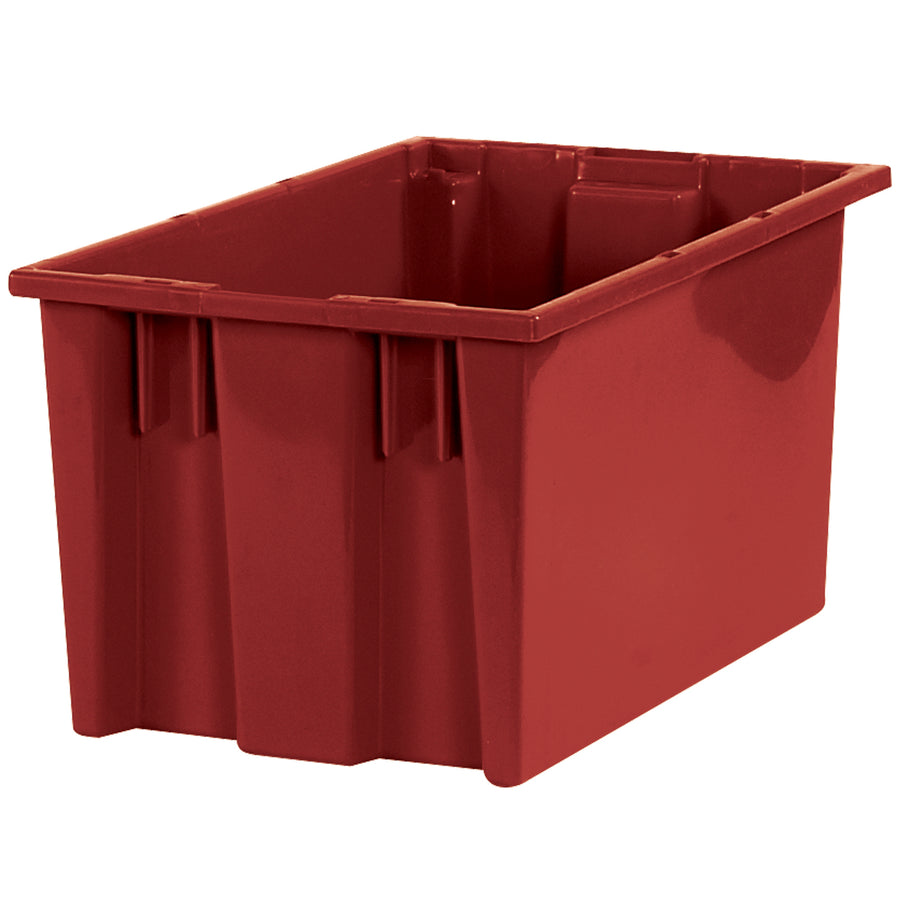 Maximize your warehouse footprint with BINS111 red plastic stack & nest containers that collapse when empty to cut storage costs by up to 40%. Each 16"  10"  8 7/8" bin features a textured non-slip bottom for safe stacking on the floor or shelves, and pairs seamlessly with optional lids (BINS151). Sold as a case of 6 ready to deploy on your manufacturing floor.