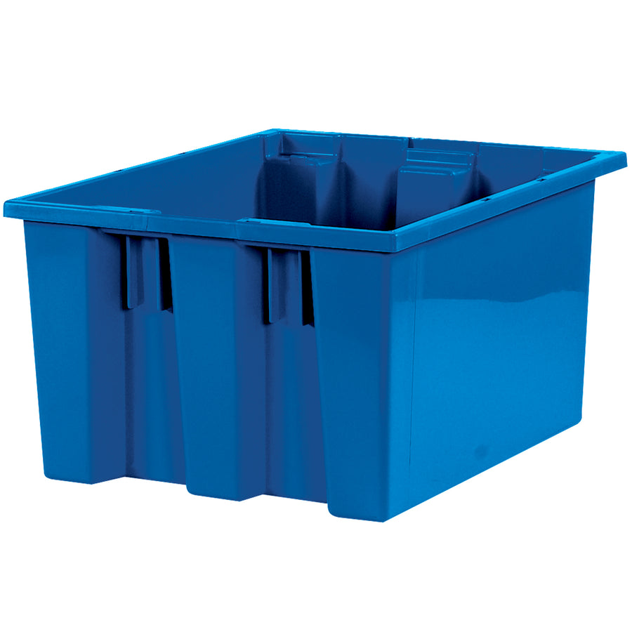 Maximize warehouse floor space with our 17x14.5x9.87" blue plastic stack and nest containers that nest when empty and stack securely when full. Textured non-slip bottom prevents shifting on shelves or pallets, and each case includes 6 durable bins ready to handle demanding manufacturing and logistics operations. Optional lids available separately to create sealed storage solutions.