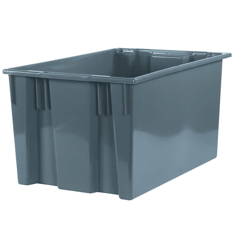 Maximize your warehouse floor space with these industrial-grade stack and nest containers designed for high-frequency picking operations. At 26 5/8" x 18 1/4" x 14 7/8", these gray plastic bins nest compactly for storage and stack securely with or without lids. Textured non-slip bottom ensures load stability on any floor surface.