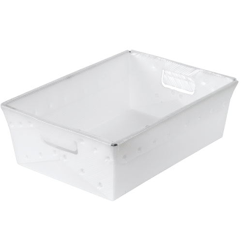 Heavy-duty white plastic parcel bins designed for mail sorting, parcel transport, and warehouse organization. Each 18x13x6