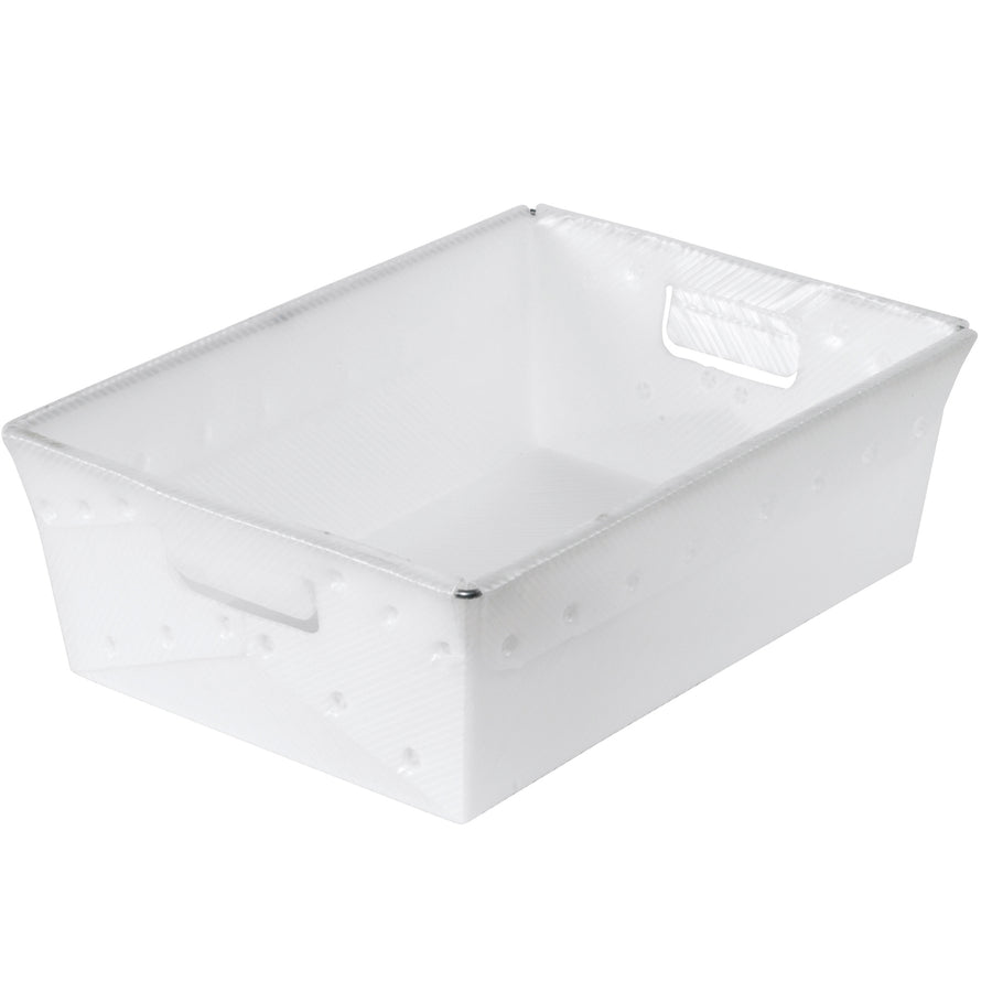 Heavy-duty white plastic parcel bins designed for mail sorting, parcel transport, and warehouse organization. Each 18x13x6" tote holds up to 80 pounds with reinforced steel frame and ergonomic die-cut handles. Sold as a case of 6 for maximum cost efficiency.