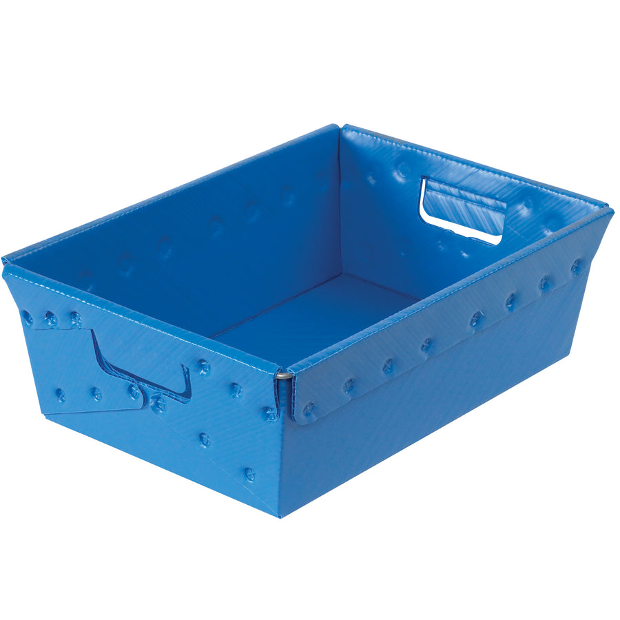Durable 18x13x6 blue plastic storage totes designed for high-volume parcel and mail sorting operations. Each case includes 6 totes with reinforced steel frames and ergonomic die-cut handles, holding up to 80 pounds per bin. Lightweight construction reduces shipping costs while meeting industry durability standards.