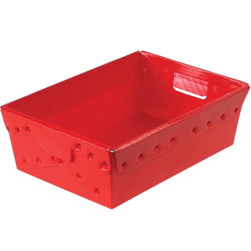 Industrial-grade plastic space age totes designed for parcels, mail sorting, and material transport. Each 18x13x6 bin holds up to 80 pounds with reinforced steel frame construction and ergonomic die-cut handles for easy handling. Order by the case–6 units per case.