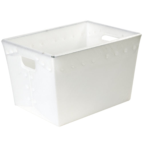 Heavy-duty white plastic space age totes designed for parcel sorting, mail transport, and inventory management. Each 18x13x12