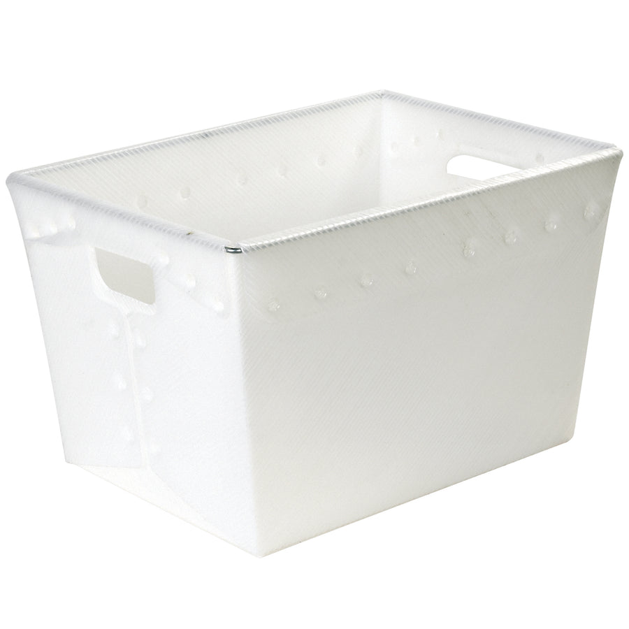 Heavy-duty white plastic space age totes designed for parcel sorting, mail transport, and inventory management. Each 18x13x12" bin holds up to 80 pounds with reinforced steel frame and ergonomic die-cut handles. Buy by the case of 6 and reduce per-unit costs.
