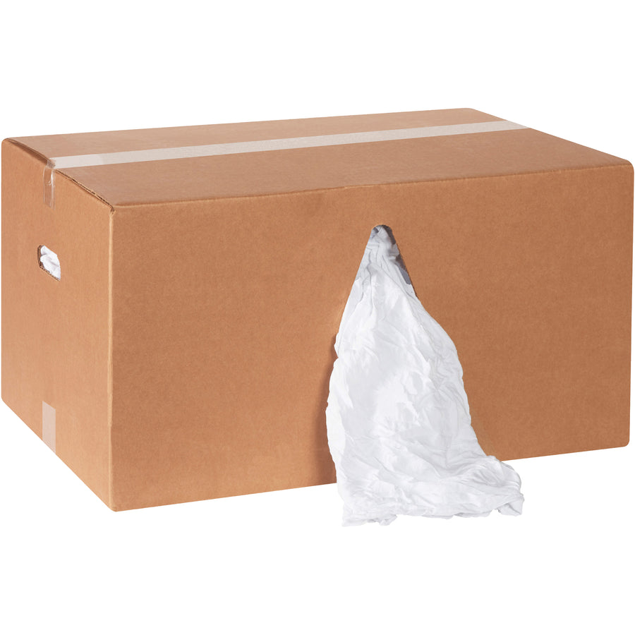 Maximize cleaning efficiency with 220 sanitized white cotton knit rags per 25 lb box. Soft, absorbent, and lint-free with no small pieces or printing–ideal for industrial maintenance, janitorial services, and manufacturing facilities. Dispense conveniently from our box-in-box design and reduce per-unit costs with bulk ordering.