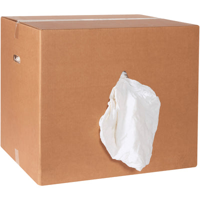 Premium white cotton cleaning rags in a convenient 50 lb dispensing box containing 440 pieces. Sanitized reclaimed knit material delivers superior absorbency and durability for high-volume janitorial, manufacturing, and maintenance operations. No lint, no printing, no small pieces–just reliable, cost-effective wipers your team can depend on.