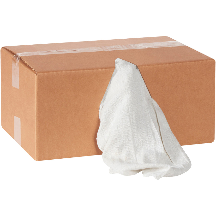 Natural cotton shop towels sized 14"x14" in a convenient 5 lb. dispensing box (case of 60). Hemmed edges resist unraveling and ensure long-lasting performance. Launderable and reusable, these cost-effective rags deliver superior value for industrial facilities, maintenance teams, and janitorial operations.