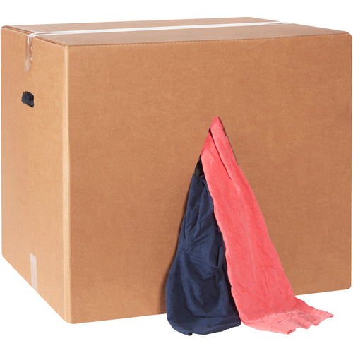 Industrial-grade colored rags made from durable cotton/polyester blend in a 50 lb. case (440 count). Perfect for machine shops, garages, and manufacturing facilities needing cost-effective cleaning solutions. Built to handle heavy-duty wiping, degreasing, and maintenance tasks.