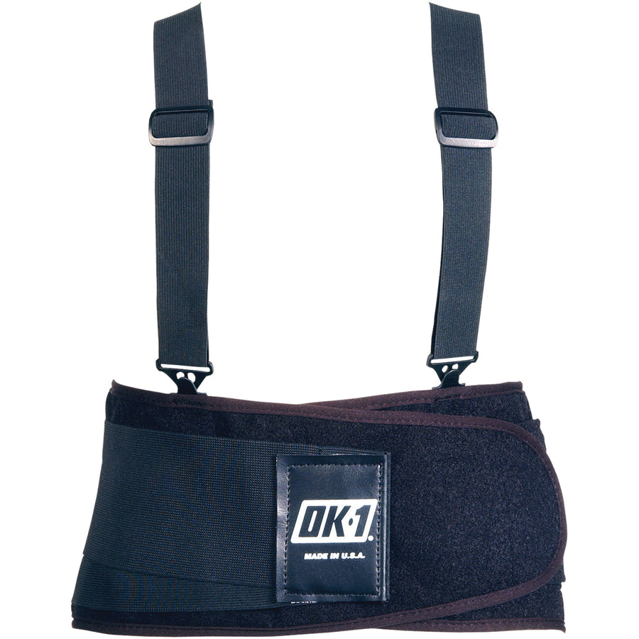 Heavy-duty universal waist back support belt engineered for industrial workers requiring all-day lumbar protection. Features elastic mesh construction with dual-closure system and detachable 1¬Ω" suspenders for secure, customizable fit. Sold as 1 each‚essential safety gear for warehouses, manufacturing, and logistics operations.
