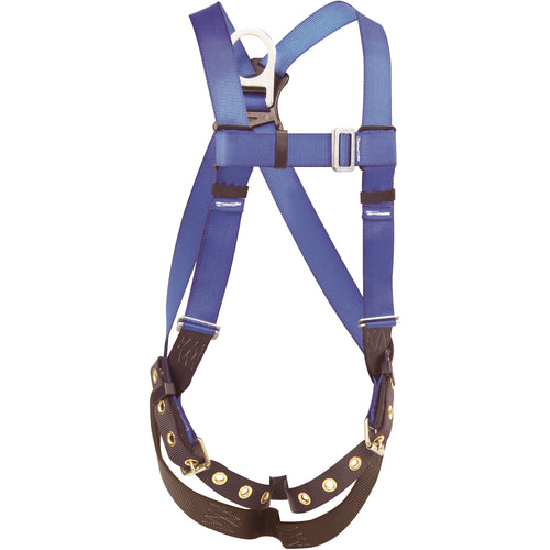 Heavy-duty polyester webbing full body harness engineered for reliable fall protection in warehouses and industrial facilities. Features back D-ring connection point, tongue and grommet leg straps for quick adjustments, and parachute torso adjusters for a secure fit. Lightweight yet extremely strong‚designed to keep workers safe and upright after a fall.