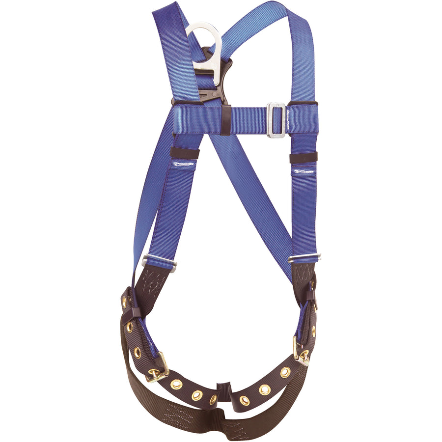 Heavy-duty polyester webbing full body harness engineered for reliable fall protection in warehouses and industrial facilities. Features back D-ring connection point, tongue and grommet leg straps for quick adjustments, and parachute torso adjusters for a secure fit. Lightweight yet extremely strong‚designed to keep workers safe and upright after a fall.