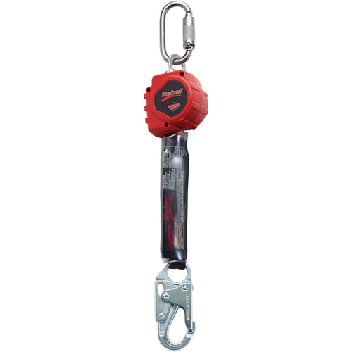 Industrial-grade 6-foot retractable lanyard engineered for maximum safety and mobility. Features self-locking steel snap hook, swiveling anchorage loop, and high-capacity energy absorption system rated for workers and tools up to 310 lbs. Red/black polyester web construction delivers durability and lightweight performance.
