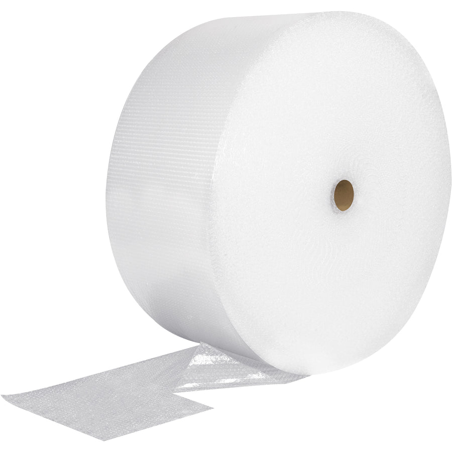 Wrap fragile items without tape using this cohesive air bubble roll. Each 2-pack bundle delivers 600 feet of clear polyethylene cushioning with 3/16" cell protection, perforated every 12" for quick tear-off. Perfect for e-commerce packers and fragile goods shippers seeking fast, residue-free protective packaging.