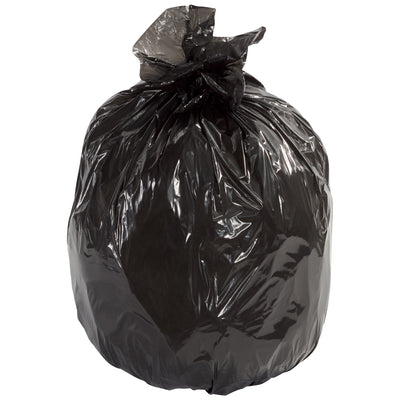 Heavy-duty black trash liners engineered for facilities maintenance and high-volume waste management. Made from post-consumer recycled plastic with true gauge 1.25 mil thickness and reinforced star seal bottom. Ships as case of 100 (36" x 58") for maximum cost efficiency.