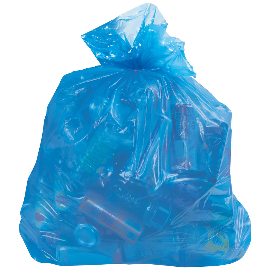 Streamline waste management with our 33-gallon blue recycling trash bags‚built from 1.5 mil linear low-density polyethylene for superior puncture and tear resistance. Perfect for identifying and organizing recyclables in busy facilities. Each case contains 100 flat-packed liners, ready to stock your janitorial supplies and keep operations running smoothly.