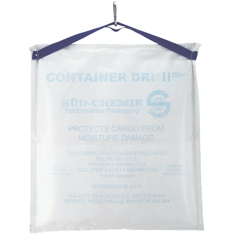 Protect high-value shipments from moisture damage with Container Dri¬Æ II Plus desiccant bags. These 18" x 22" x 1.5" calcium chloride bags aggressively absorb airborne moisture to prevent mold, corrosion, and warping. Complete hook-and-strap suspension system fits containers, barges, and rail cars‚sold as a case of 6 for maximum cargo protection.