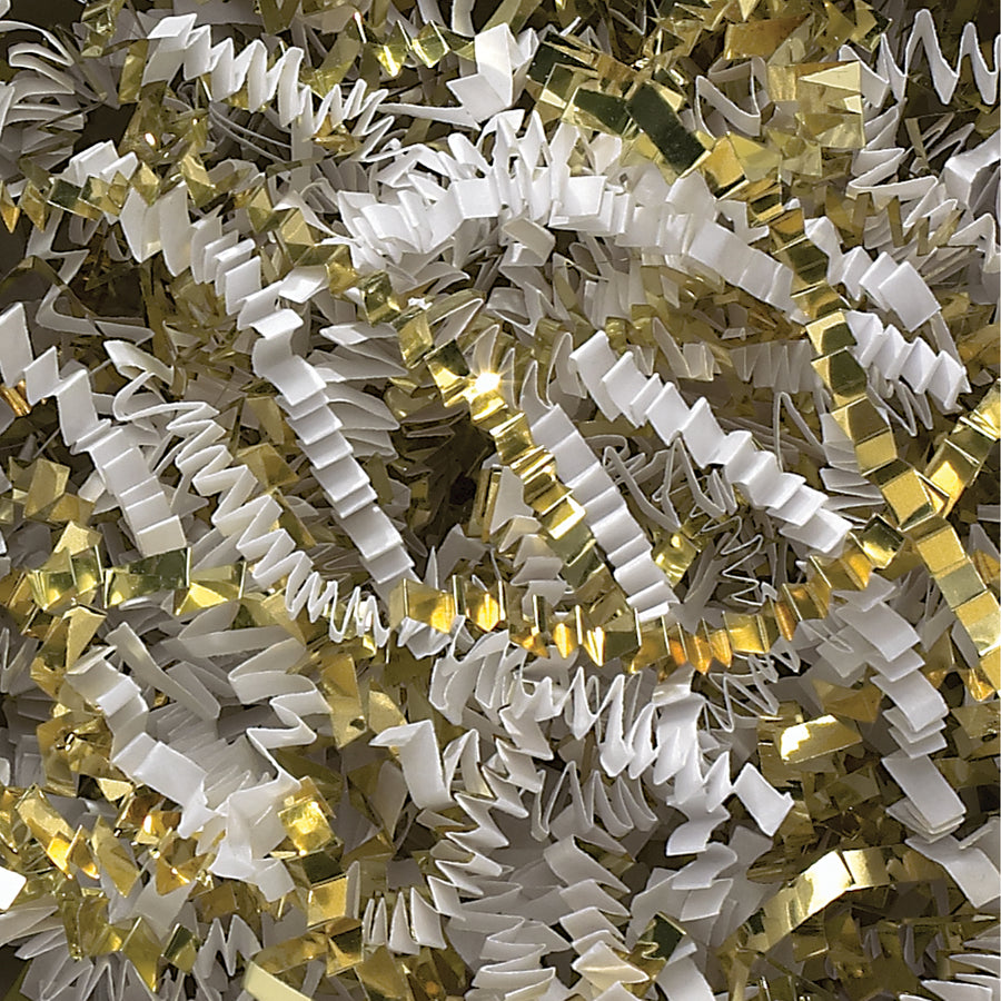 Premium white and gold metallic crinkle paper delivers superior void fill and protective cushioning in a convenient 10 lb case. The unique two-tone blend adds visual appeal while meeting industrial packaging standards. Perfect for e-commerce fulfillment, gift baskets, and retail packaging applications.