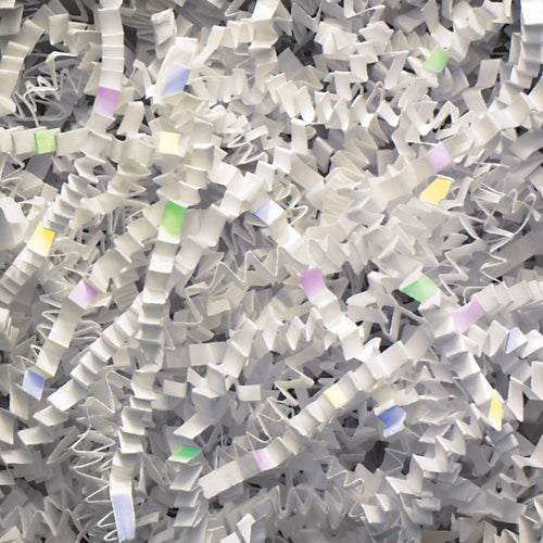 Premium 10 lb. crinkle paper blend combining iridescent and white paper strips for eye-catching void fill and product protection. This durable paper shredding solution offers cost-effective cushioning while meeting shipping compliance standards. Sold as a full case for bulk packaging operations.