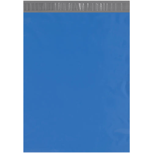 Professional-grade blue poly mailers with self-seal closure and silver interior lining. 19