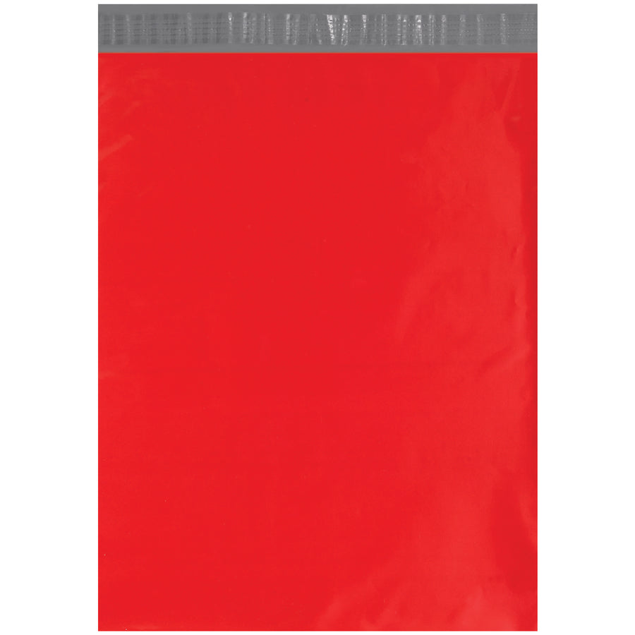 Professional-grade red poly mailers designed for e-commerce brands that demand durability. These 14.5x19 self-seal mailing bags feature 2.5 mil polyethylene construction with waterproof, puncture, and tear-resistant protection. Silver inner lining accepts labels and stamps for premium brand presentation.