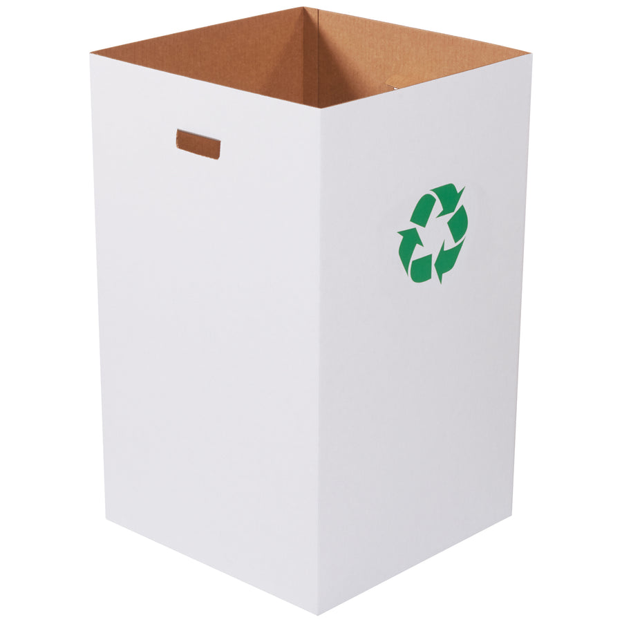 Heavy-duty 40-gallon corrugated recycling containers built from 200# ECT-32 singlewall material for schools, churches, and events. Ships flat in bundles of 10 to maximize freight efficiency and storage space. Self-locking bottom flaps enable quick setup without tools.