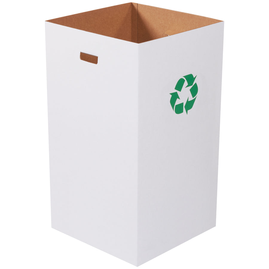 Heavy-duty 50-gallon corrugated recycling bins built from 200# ECT-32 singlewall material with self-locking bottom flaps and hand holes for easy transport. Bundle of 10 ships flat to maximize freight efficiency and warehouse storage. Ideal for schools, churches, corporate events, and permanent facility placement.
