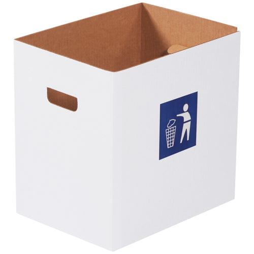 Durable 7 gallon corrugated waste containers built from 200# ECT-32 singlewall corrugated material for reliable performance in high-volume events and facilities. Features self-locking bottom flaps, hand holes for easy transport, and ships flat to maximize storage efficiency. Bundle of 20 units optimizes freight costs and reduces per-unit pricing for bulk operations.